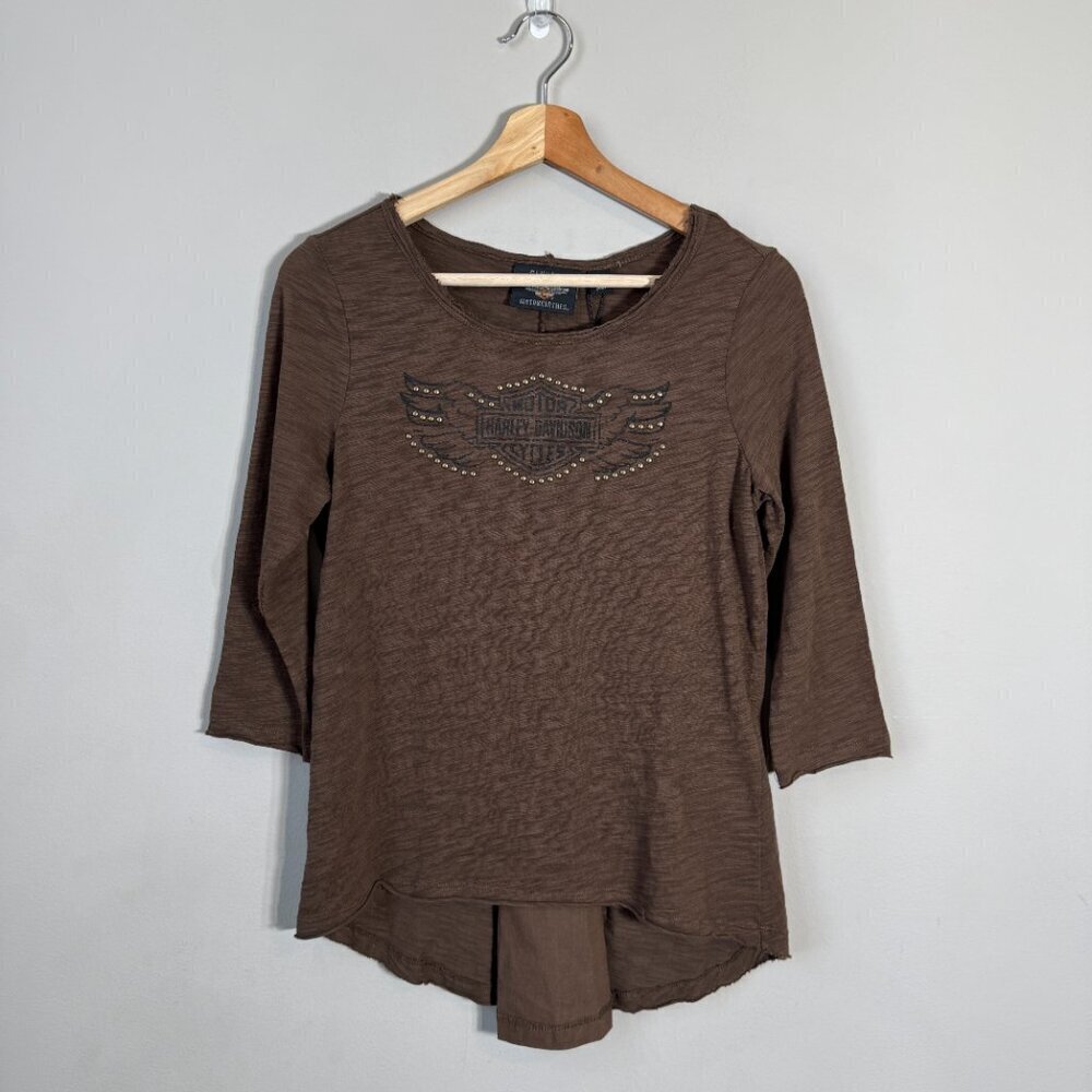Harley-Davidson Studded Logo Split Back Knit Top Womens XS Brown Biker Retro NWT - Picture 2 of 13